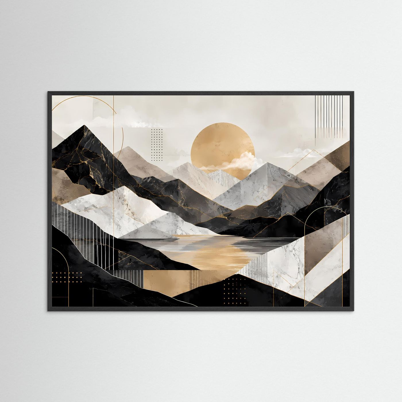 Abstraktes Querformat-Poster mit Berglandschaft, See und goldener Sonne; dunkler Rahmen.