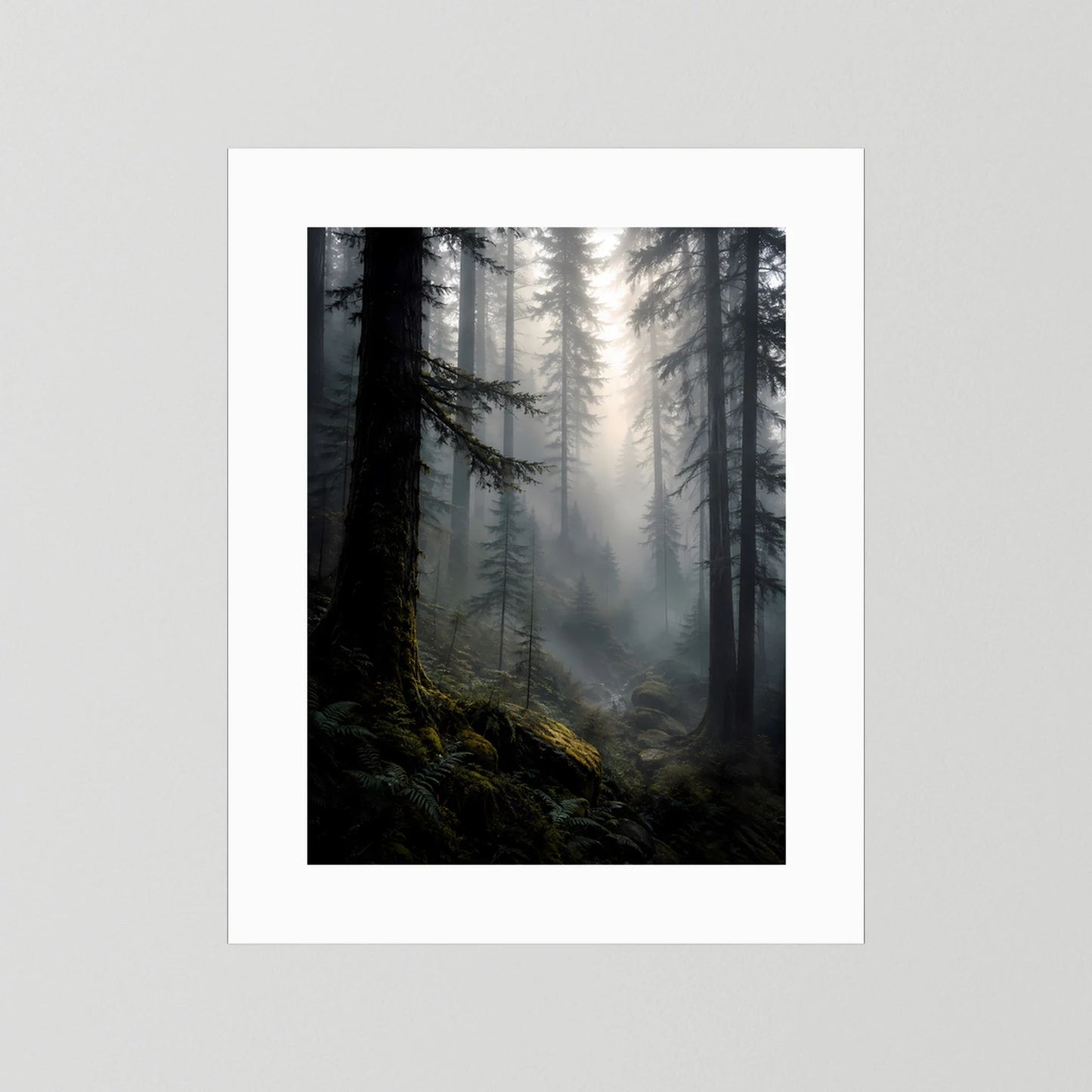 Poster im Hochformat mit dunklem Wald und Lichtstrahlen, weißer Rahmen ohne sichtbare Passepartout