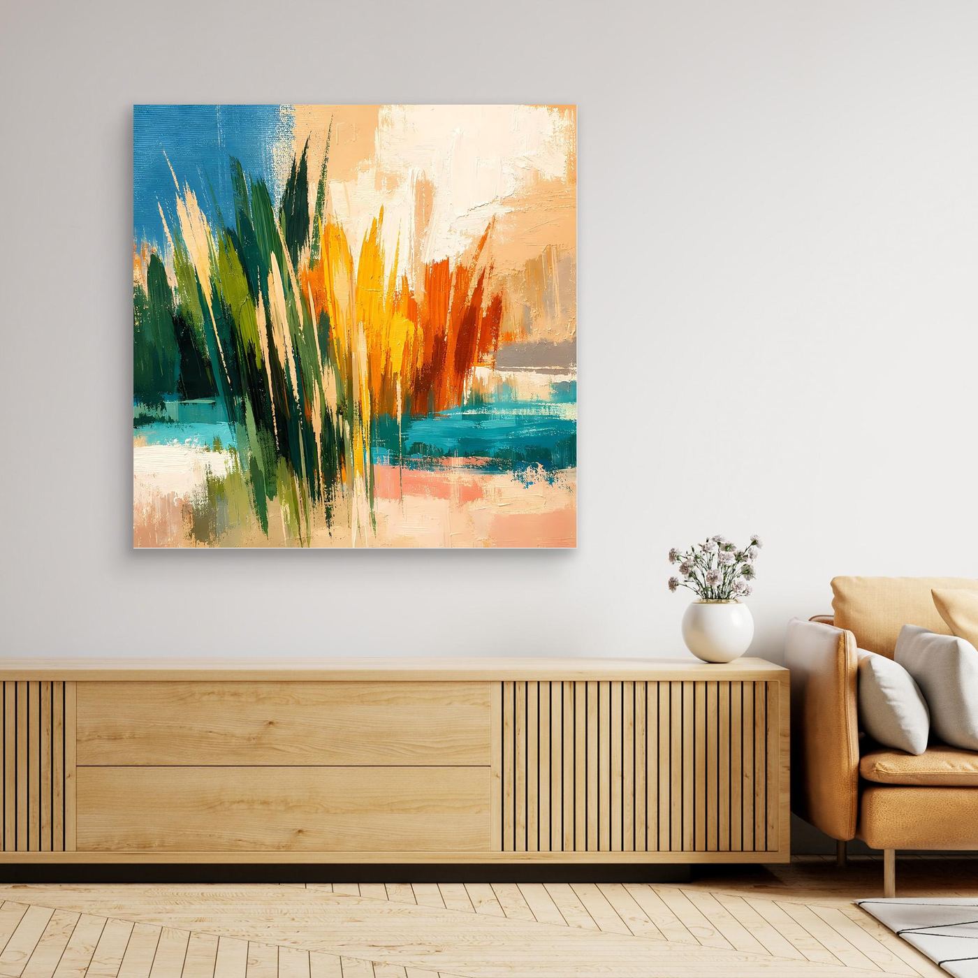 Leinwand-Wandbild mit abstrakter Schilflandschaft, türkis-blauem Wasser und Pastellgelb