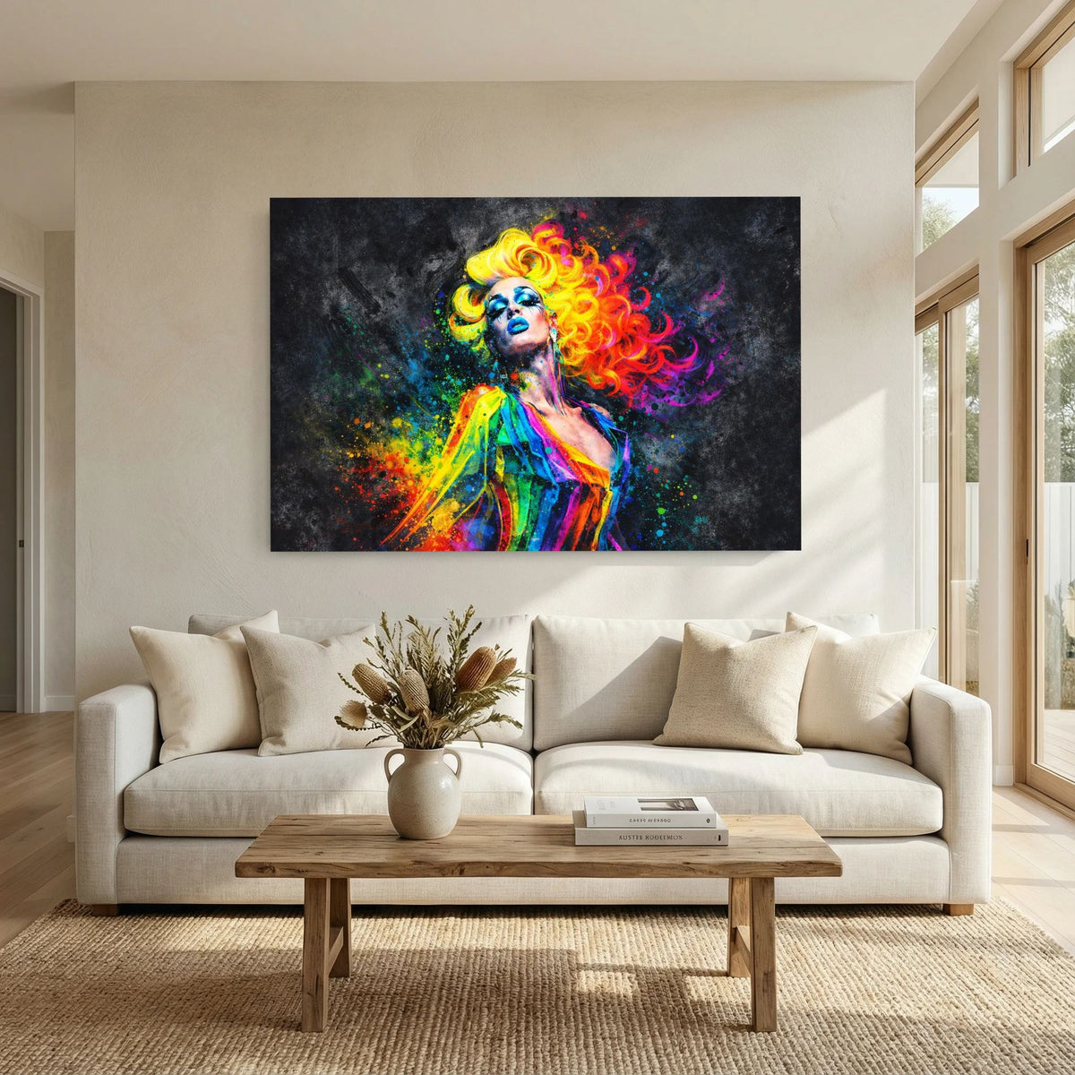 Pop-Art-Wandbild im Querformat: Frauengesicht mit farbenfrohem Haar und Spritzern