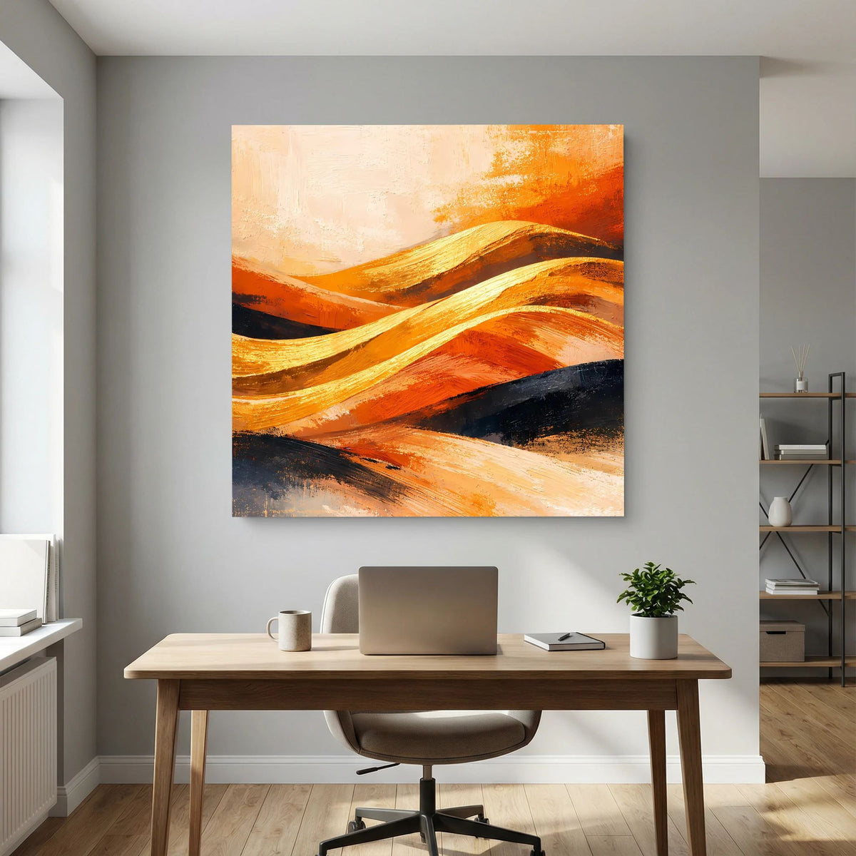 Abstraktes Wandbild mit Düne in Orange, Gold und Dunkelblau, abstrakte Pinselverläufe
