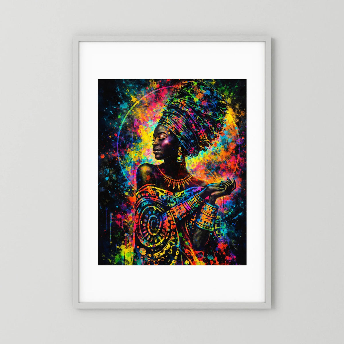 Poster Porträt afrikanische Frau, buntes Farbspritzdesign, weißer Rahmen