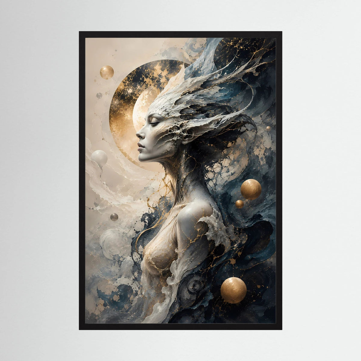 Kosmische Göttin | Mystische Fantasy Frau in Schwarz Gold | Poster Hochformat