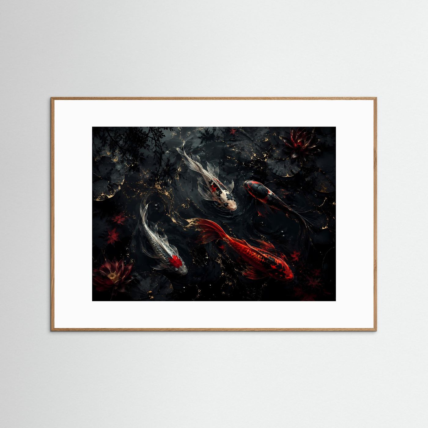 Koi-Karpfen im dunklen Lotus-Teich | Elegantes asiatisches Wandbild in Schwarz, Rot & Gold