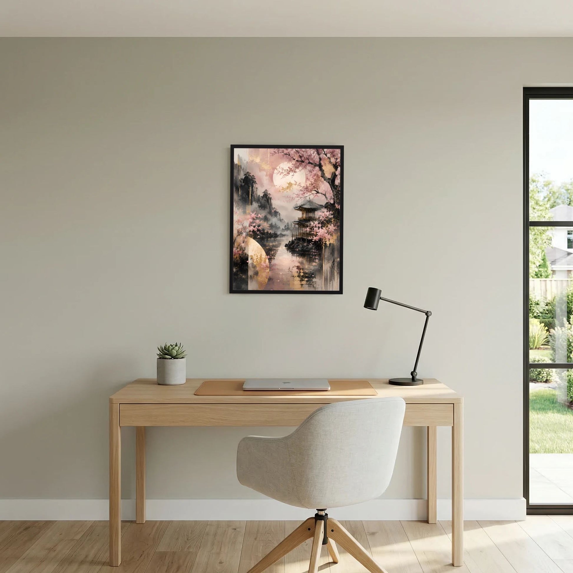 Hochformatiges Poster mit Kirschblüten über See und Tempel, Rosa-Gold Farbverlauf