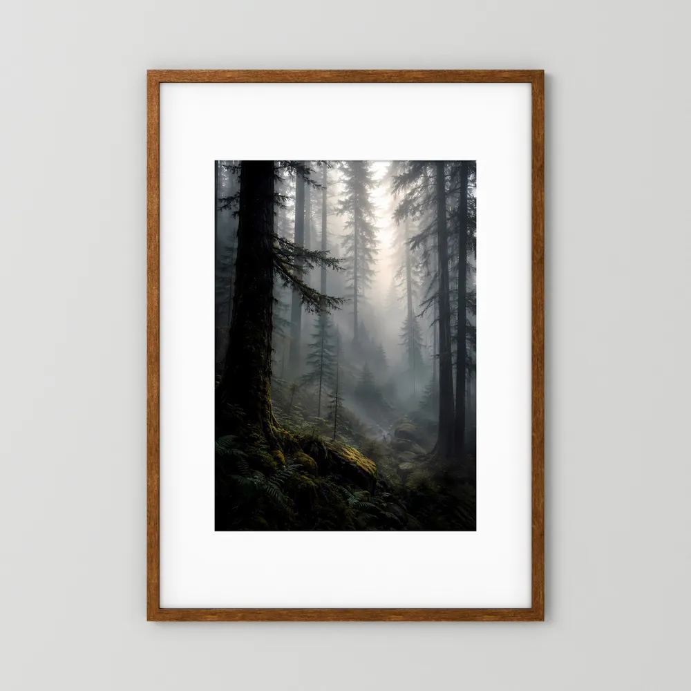 Hochformatposter mit dunklem Holzrahmen, Wald in Nebel und Lichtstrahlen