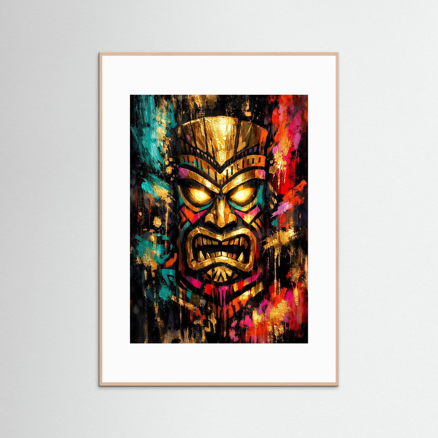 Tiki-Kunstposter mit goldenem Totenkopf und bunten Farben, weißer Holzrahmen