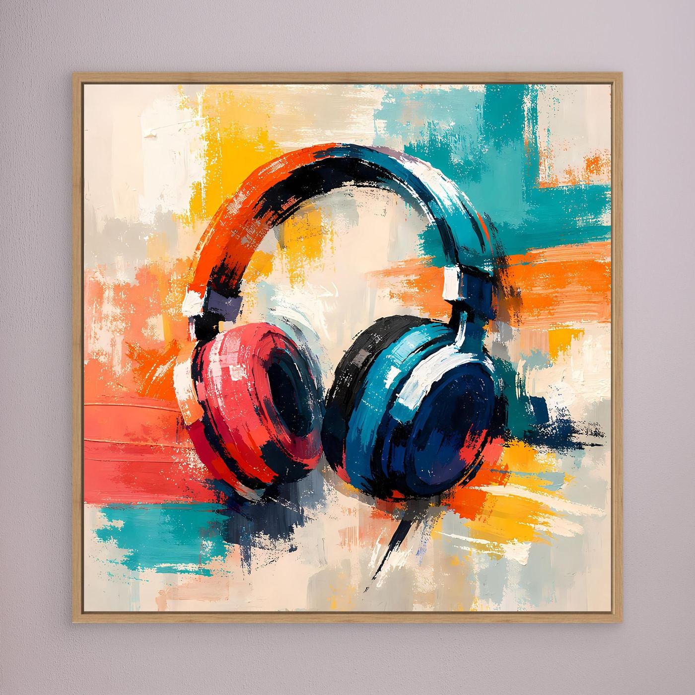 Oak-framed canvas wall art with colorful abstract over-ear headphones