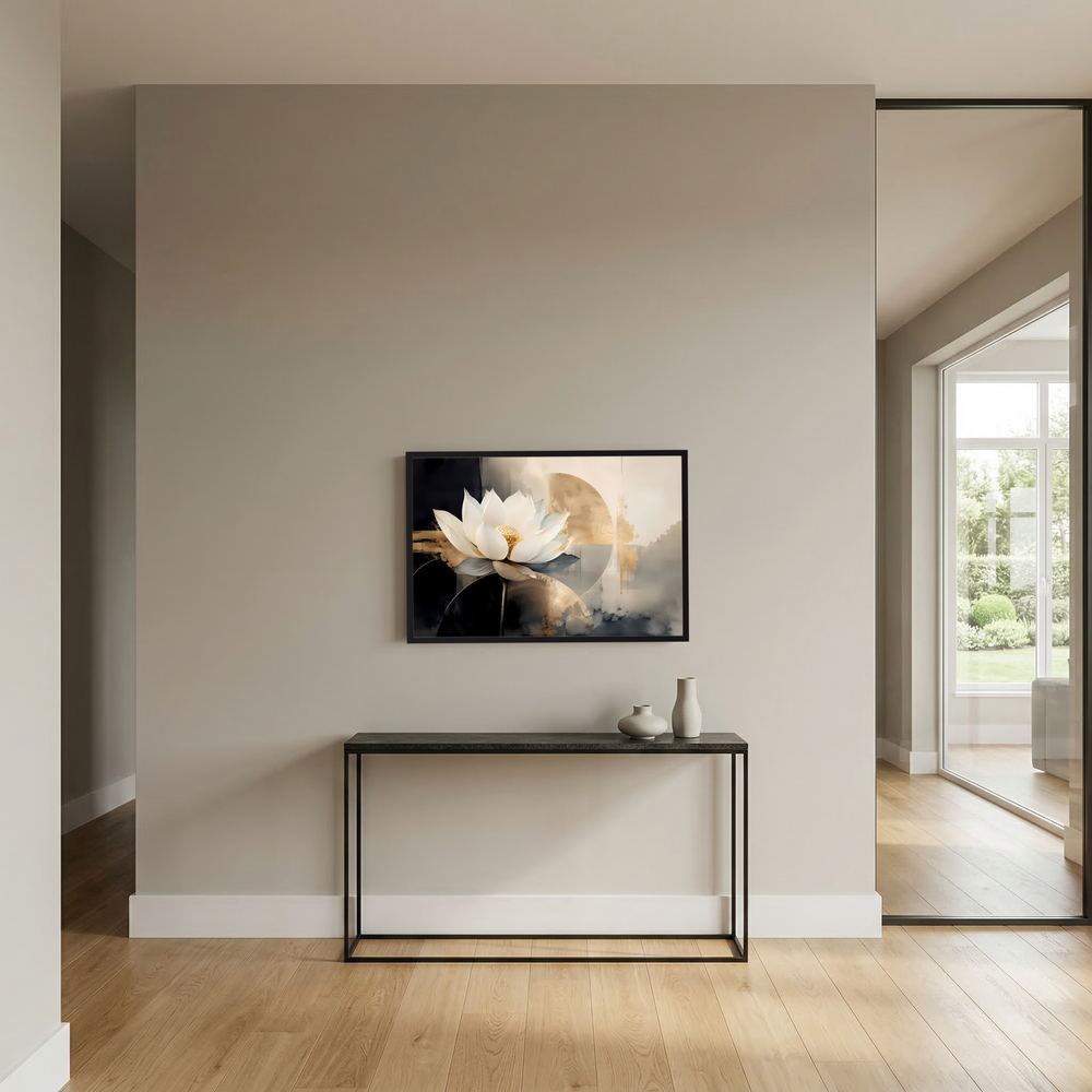 Kleines Querformat-Poster mit weißer Lotusblüte in Schwarz-Gold-Abstrakt, schwarzer Rahmen