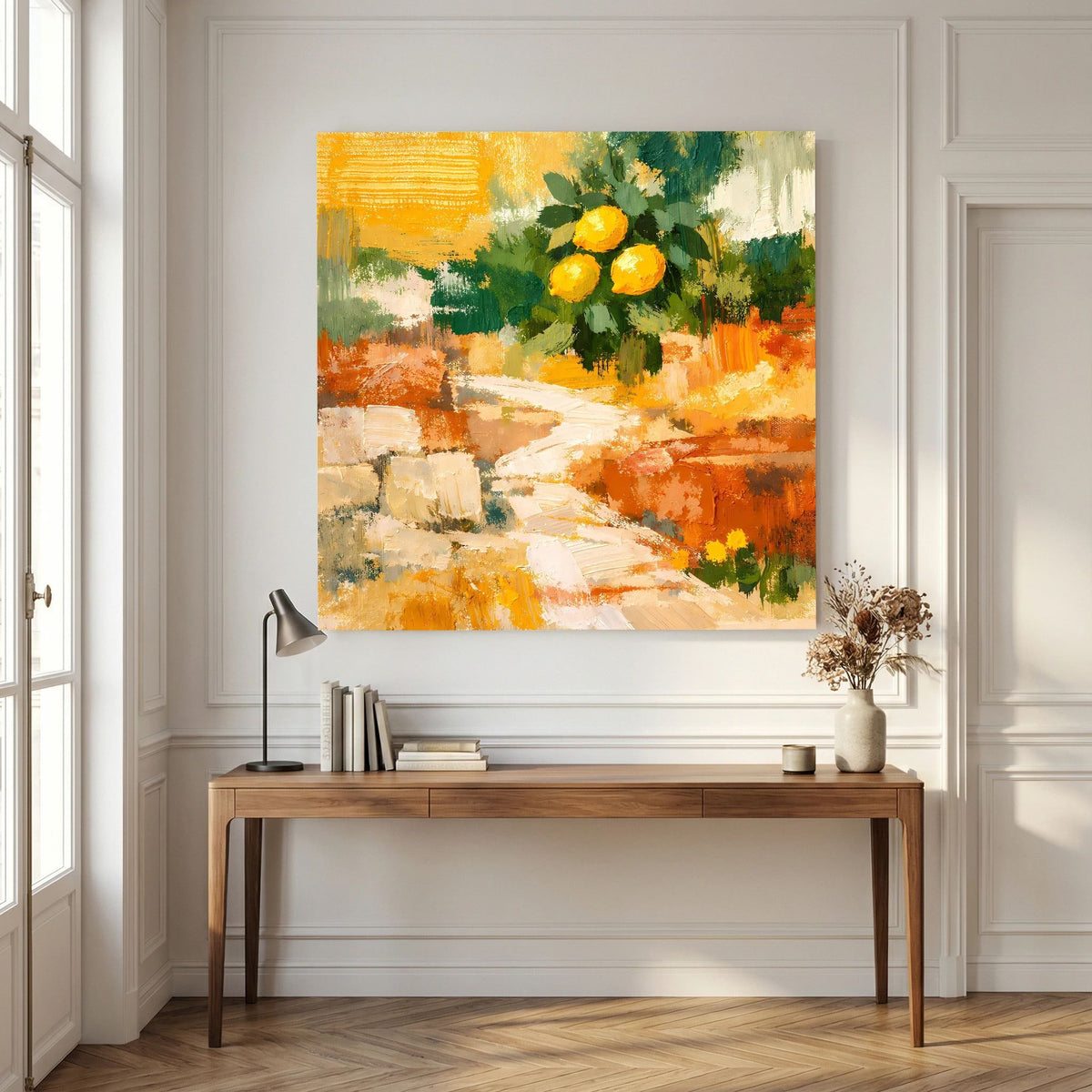 Wandbild mit Zitronenzweig in Gelb und Grün, abstrakte mediterrane Pinselstruktur