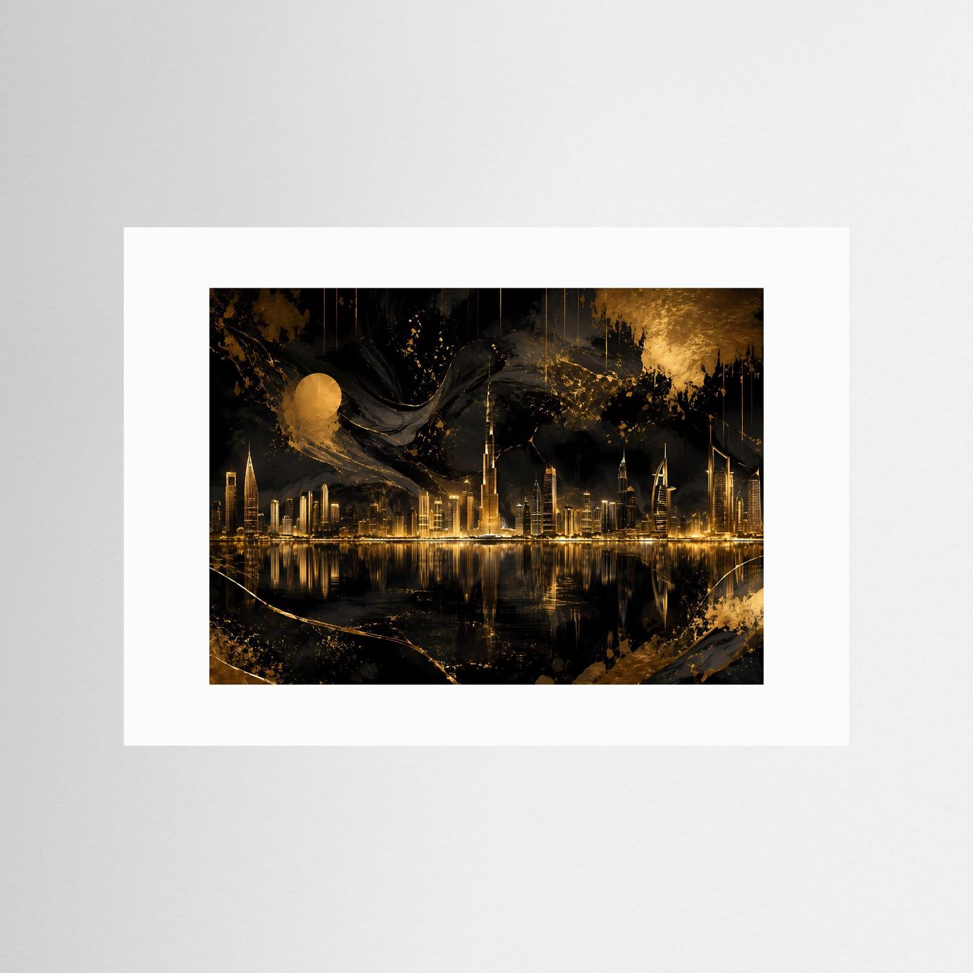 Querformatiges Poster mit abstrakter Skyline bei Nacht, weißes Passepartout, Schwarz/Gold