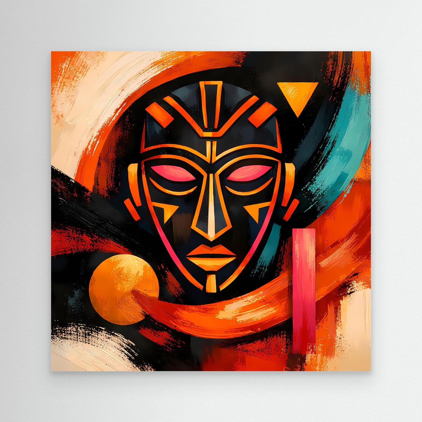 Leinwandbild mit abstrakter Afrikanischer Maske in Schwarz, Orange und Türkis
