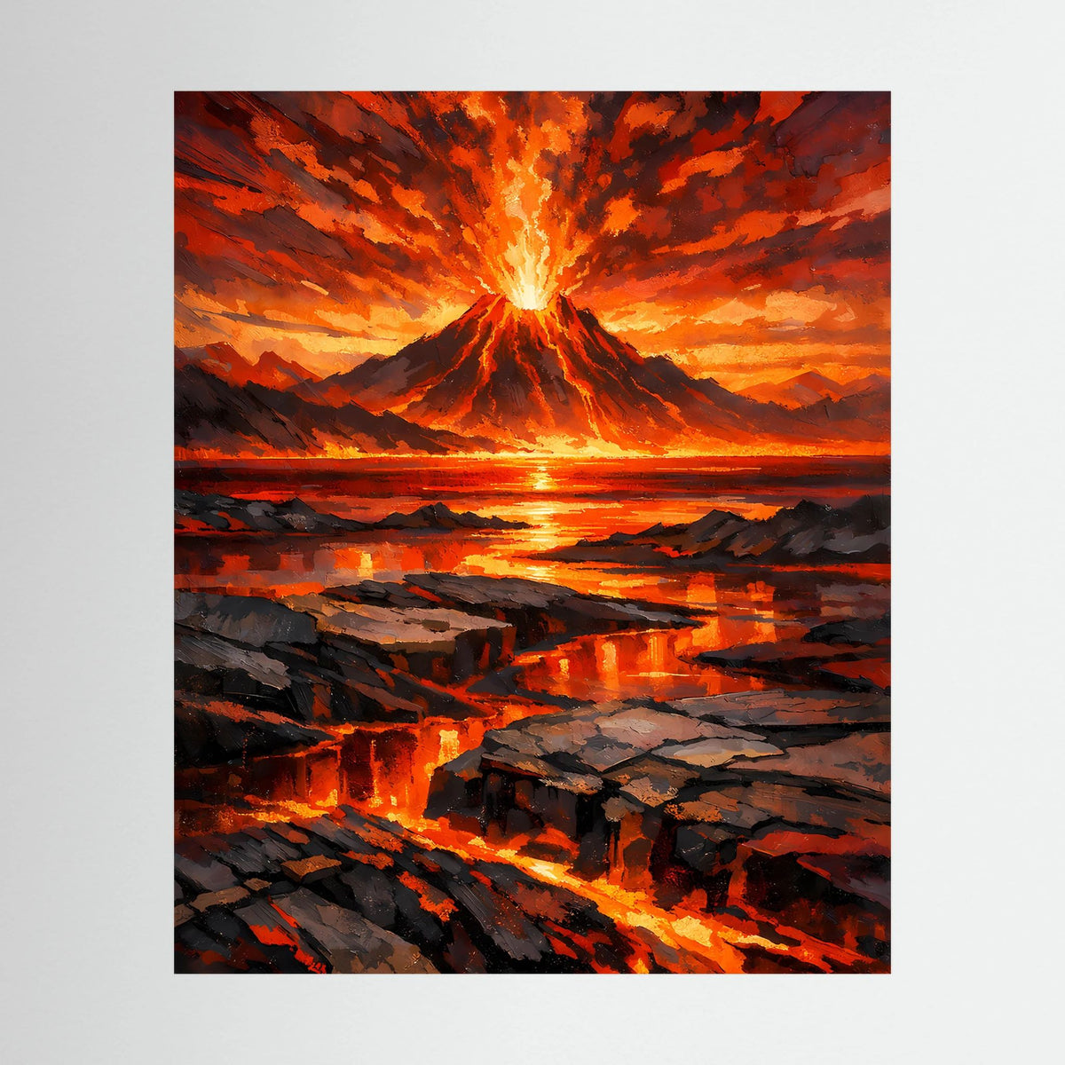 Hochformatiges Poster mit glühender Lava fließend und Vulkanausbruch über dunklen Felsen