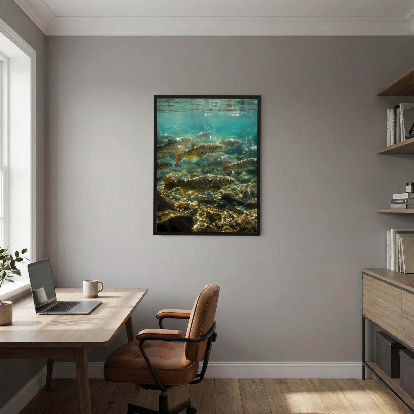 Wandposter im Hochformat: Forellen schwimmen durch klares Wasser über Steinen