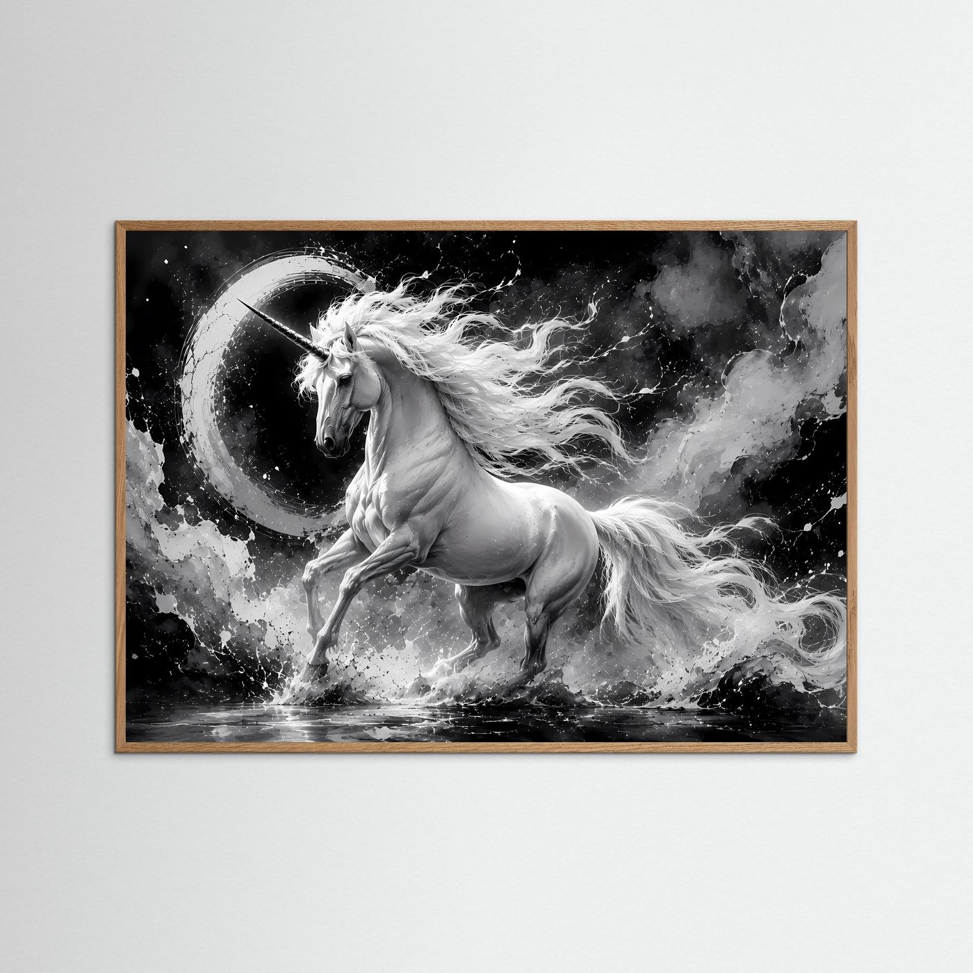 Einhorn Schwarz Weiß Poster Querformat | Mystische Fantasy Wandkunst | Monochrome Elegante Leinwandkunst