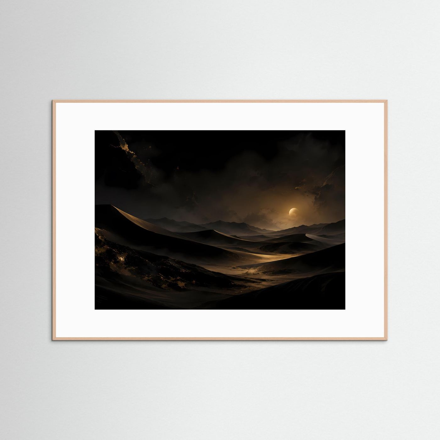 Wüste bei Nacht Poster | Gold Schwarz Dünen Landschaft | Mystische Mondnacht Wandbild | Elegante Wüstenkunst | Moderne Wall Art
