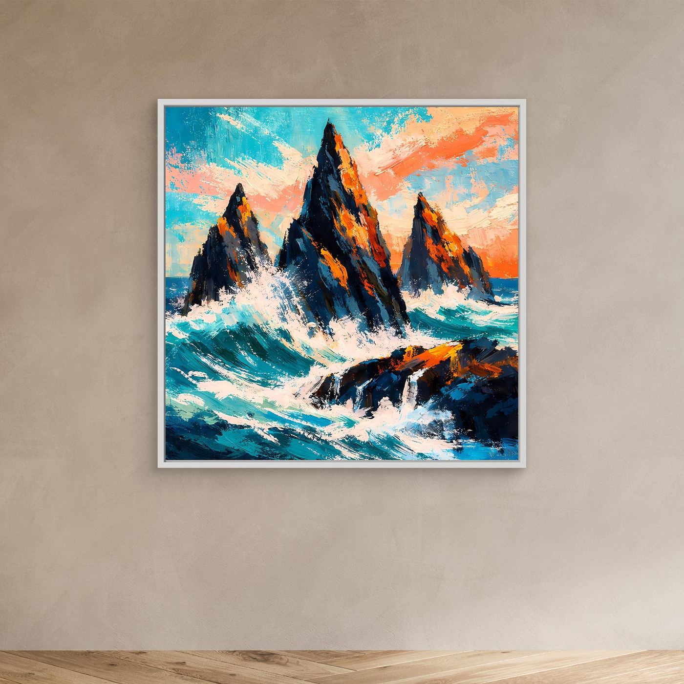 Wandbild mit abstrakten Felsen in der Brandung, türkis-orangen Farben, weißer Rahmen