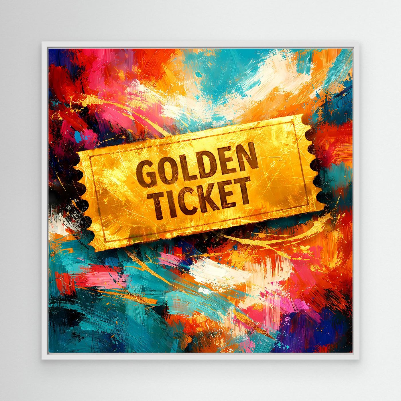 Gerahmtes Leinwandbild „Golden Ticket“ mit goldener Ticket-Aufschrift und bunten Farbverläufen