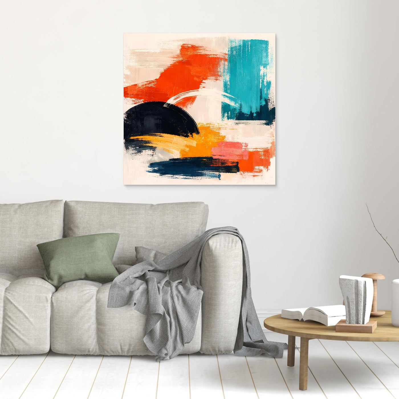 Abstraktes Leinwandbild mit Pinselstrichen in Orange und Türkis, ohne Rahmen an Wand