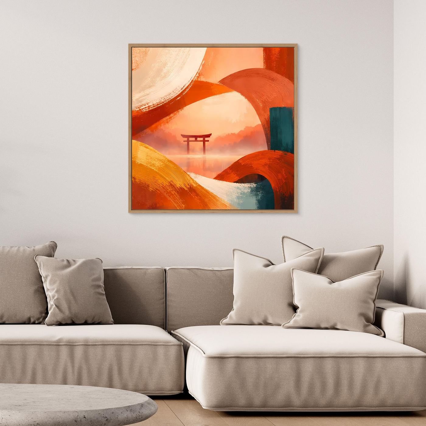 Gerahmtes Leinwandbild: abstrakte Torii-Silhouette zwischen warmen Orange-Formen