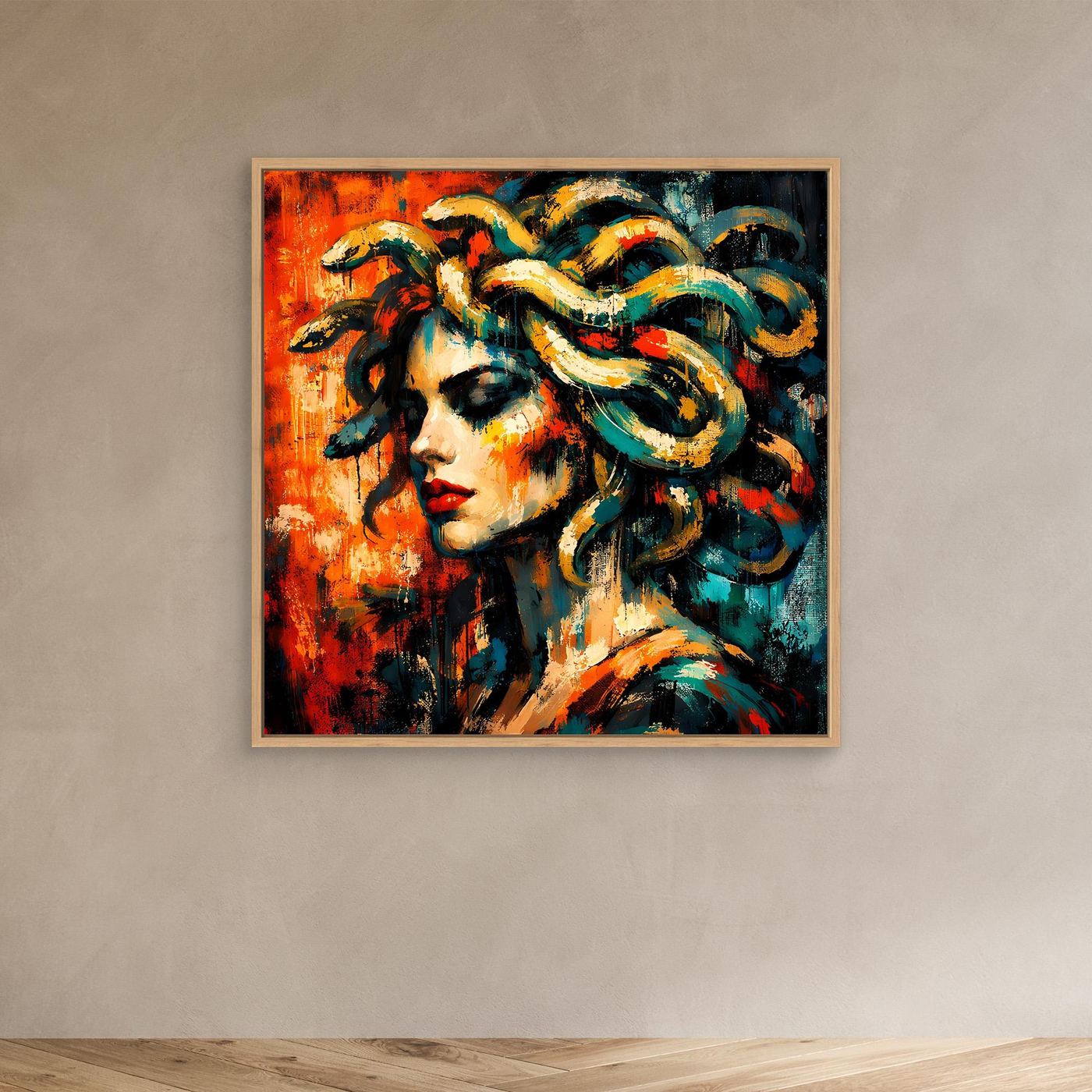 Kleines Leinwandbild: abstrakte Medusa im Eichenrahmen, Frauengesicht und Schlangenhaare