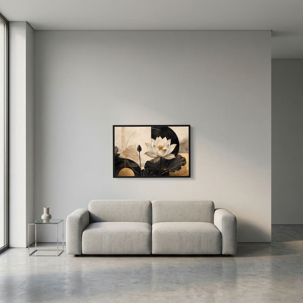 Gerahmte Lotusblüten-Kunst im Querformat an der Wand, Schwarz-Weiß und goldene Akzente