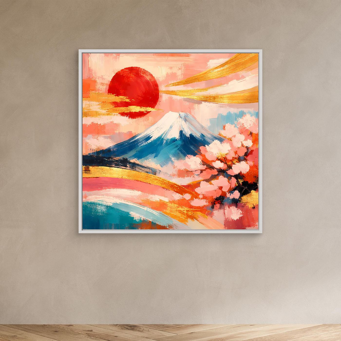 Leinwandbild mit Berg Fuji und Kirschblüten, abstrakte Farben, mit hellem Rahmen