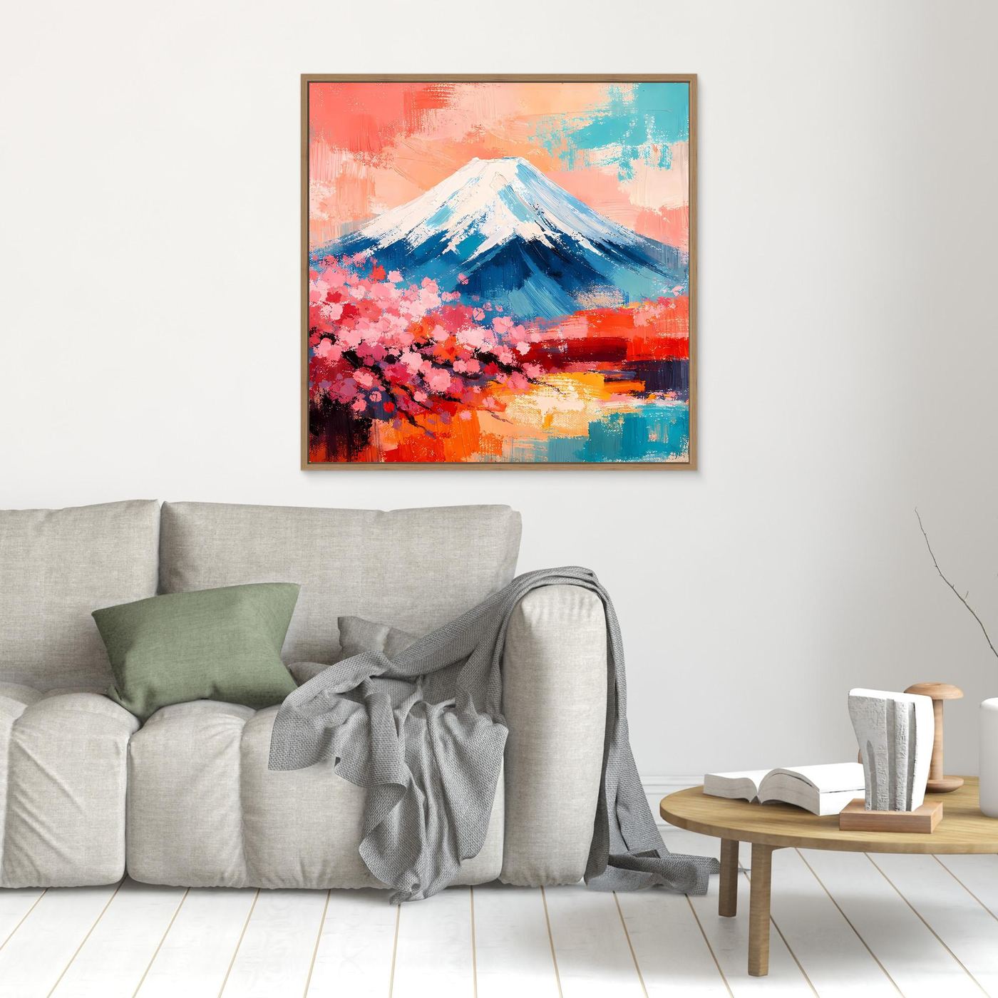 Abstraktes Leinwandbild mit Fuji und Kirschblüten, goldbrauner Rahmen