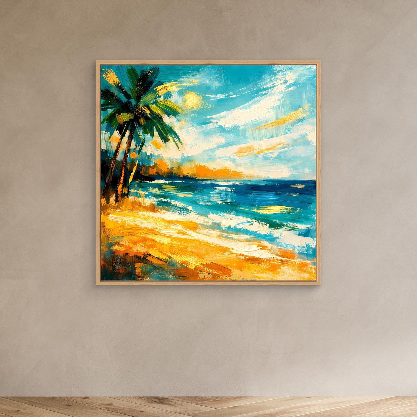 Leinwandbild mit abstrakter Palme, türkisblauem Meer und gelbem Strand, Eichenrahmen