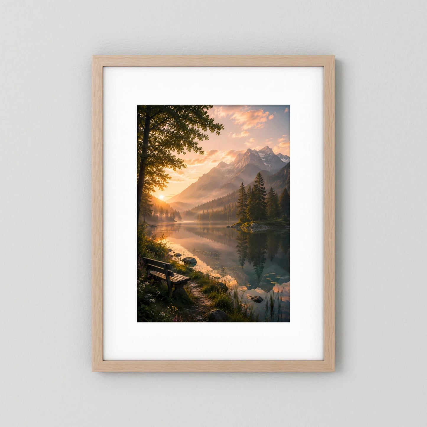 Bergsee im Sonnenuntergang | Ruhige Alpenlandschaft mit Sitzbank | Poster Hochformat
