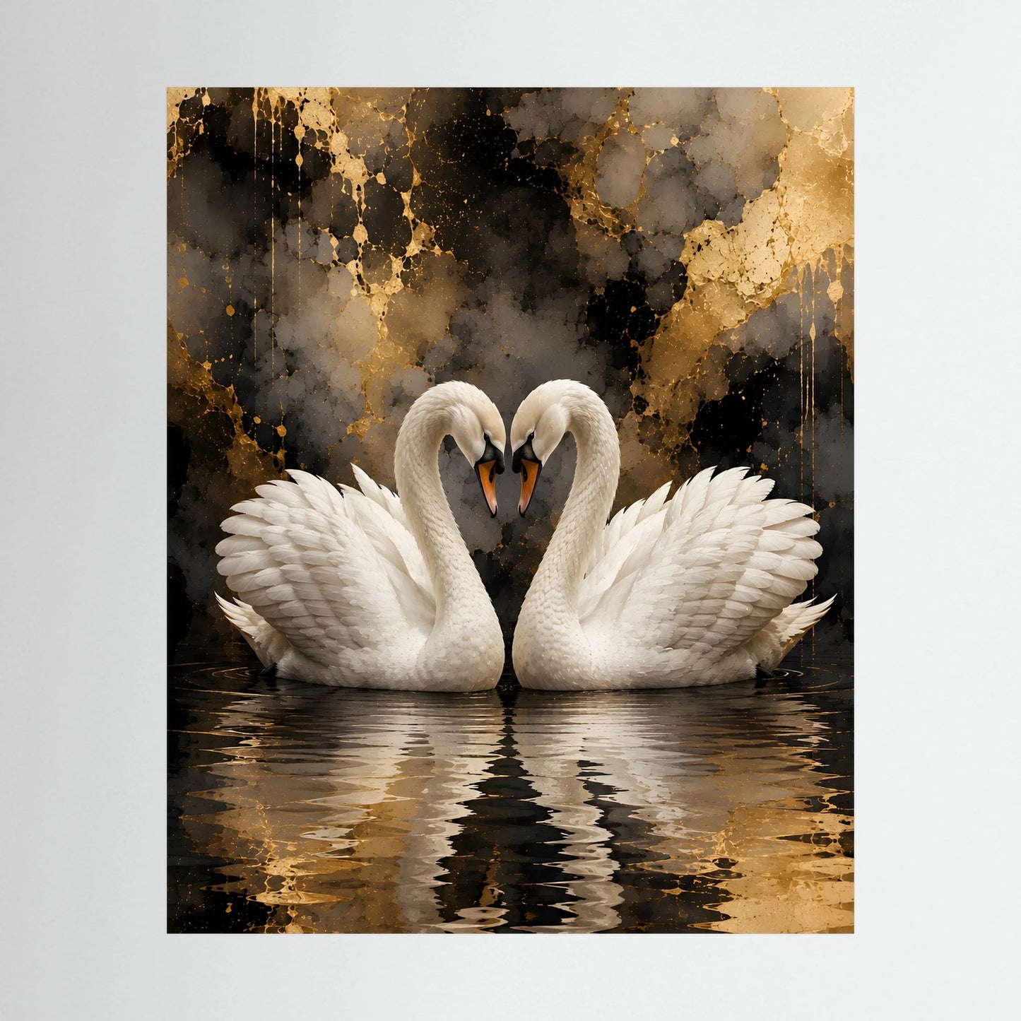 Kunstposter (Hochformat) mit zwei weißen Schwänen auf Wasser, goldene Akzente
