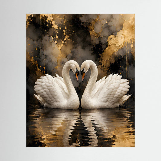 Kunstposter (Hochformat) mit zwei weißen Schwänen auf Wasser, goldene Akzente