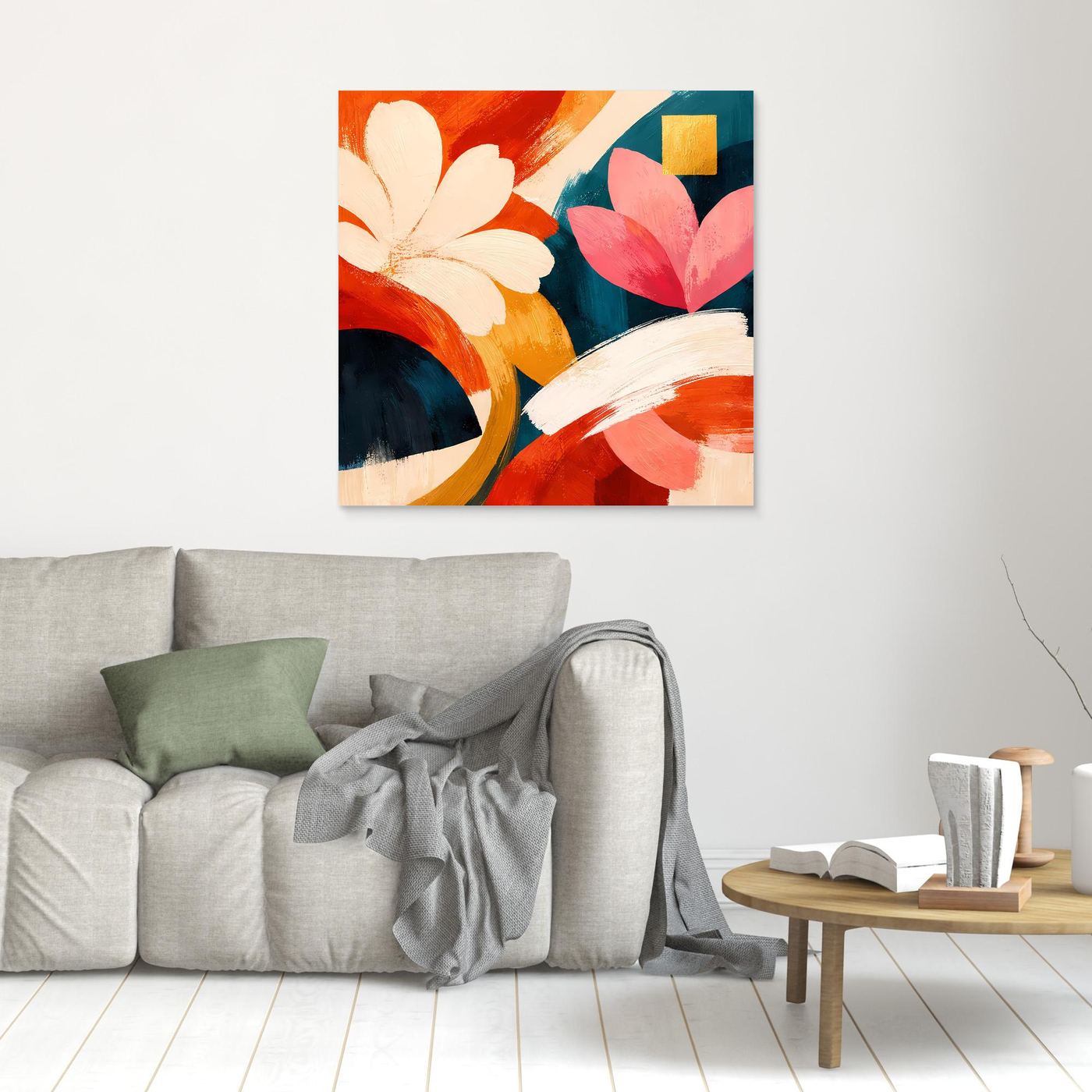 Kleines gerahmtes Leinwandbild mit abstrakter Blumenkomposition in Weiß, Pink und Orange