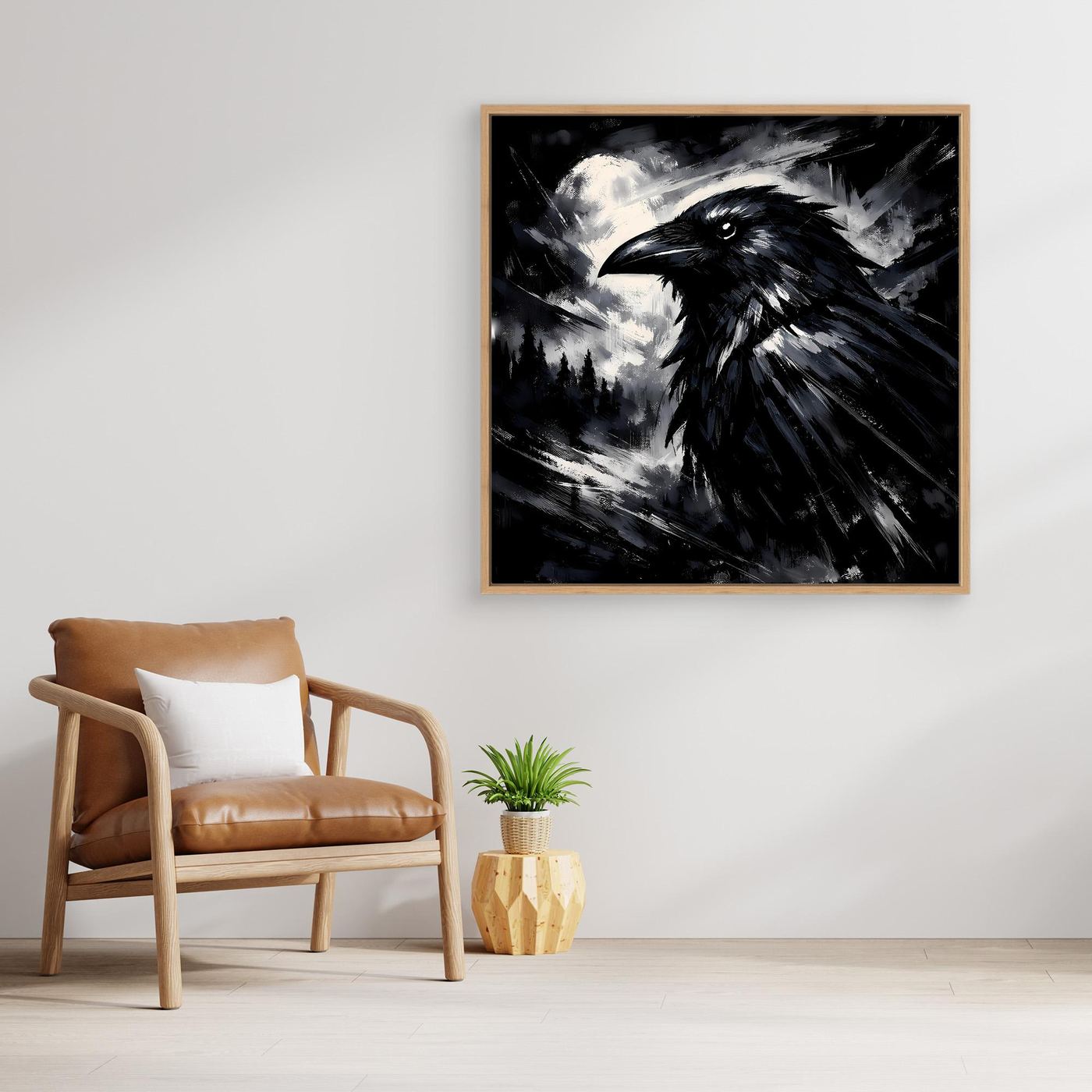 Quadratisches gerahmtes Leinwandbild: schwarzer Rabe mit silbernen Mondwolken, Holzrahmen