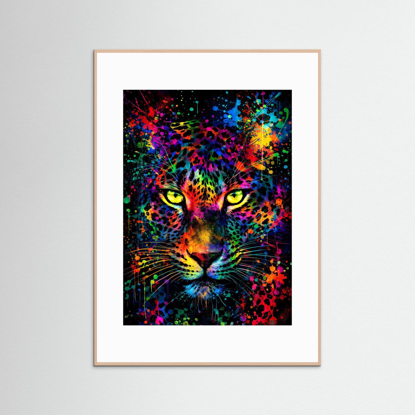 Leopardenkopf-Poster mit bunter Farbexplosion im rechteckigen Rahmen, beige