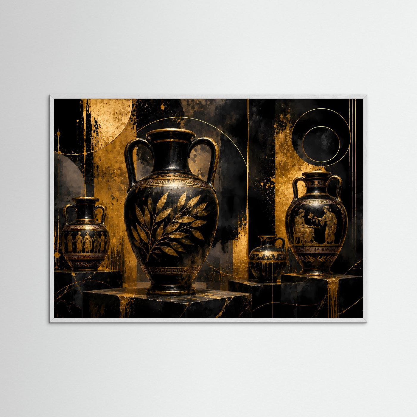 Griechische Vasen-Wandkunst: schwarze Amphoren mit Goldornamenten, mit weißem Holzrahmen.