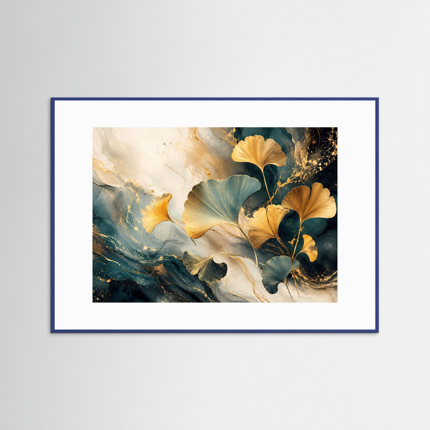 Abstrakte Ginkgo Blätter Gold Blau | Elegantes Botanik Wandbild | Luxus Naturkunst | Modernes Leinwandbild | Premium Poster