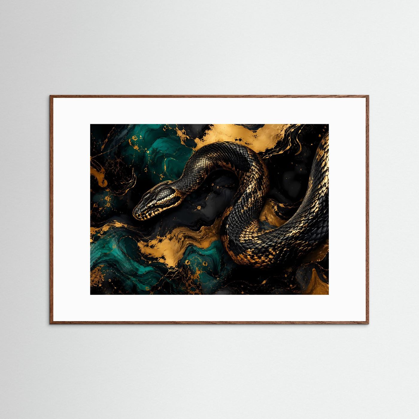 Majestätische Schlange in Gold & Schwarz | Modernes Wandbild mit Fluid Art & Tier-Motiv