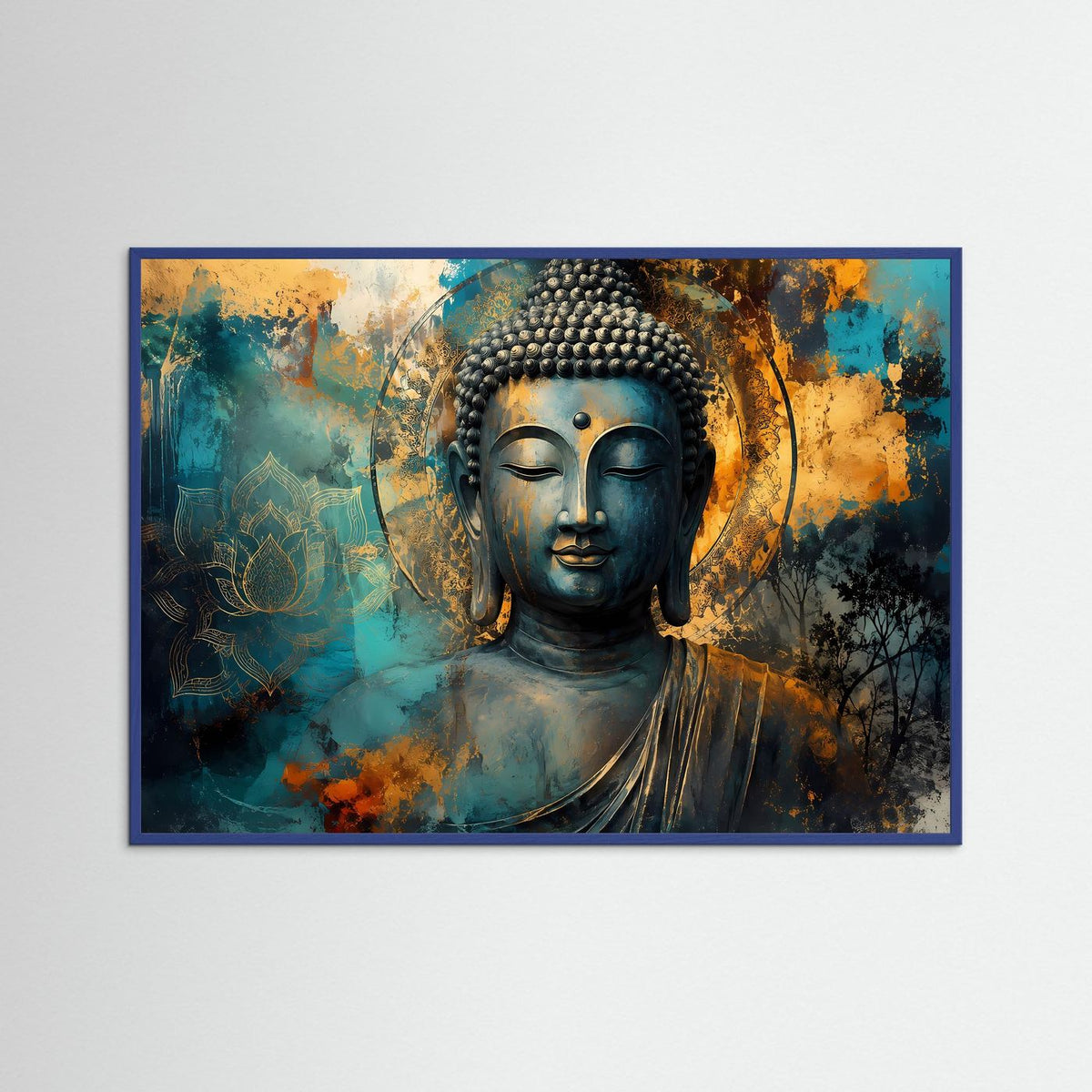 Buddha-Wandposter mit Lotusornamenten in Blau- und Goldtönen, im blauen Rahmen