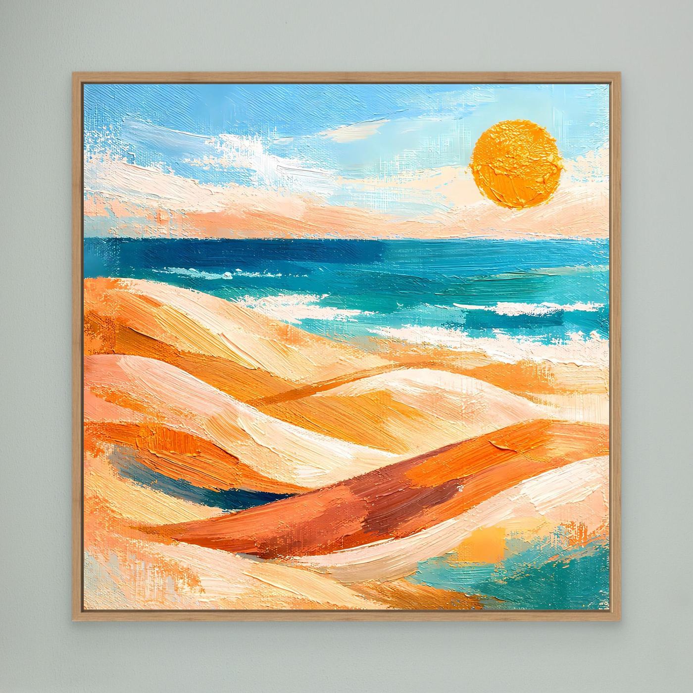 Leinwand-Wandbild mit abstraktem Strand und Meer, Sonnenmotiv, mit Holzrahmen