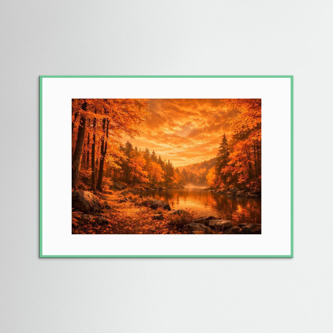 Wandbild: Herbstwald am Fluss, mintfarbener Rahmen, weißes Passepartout