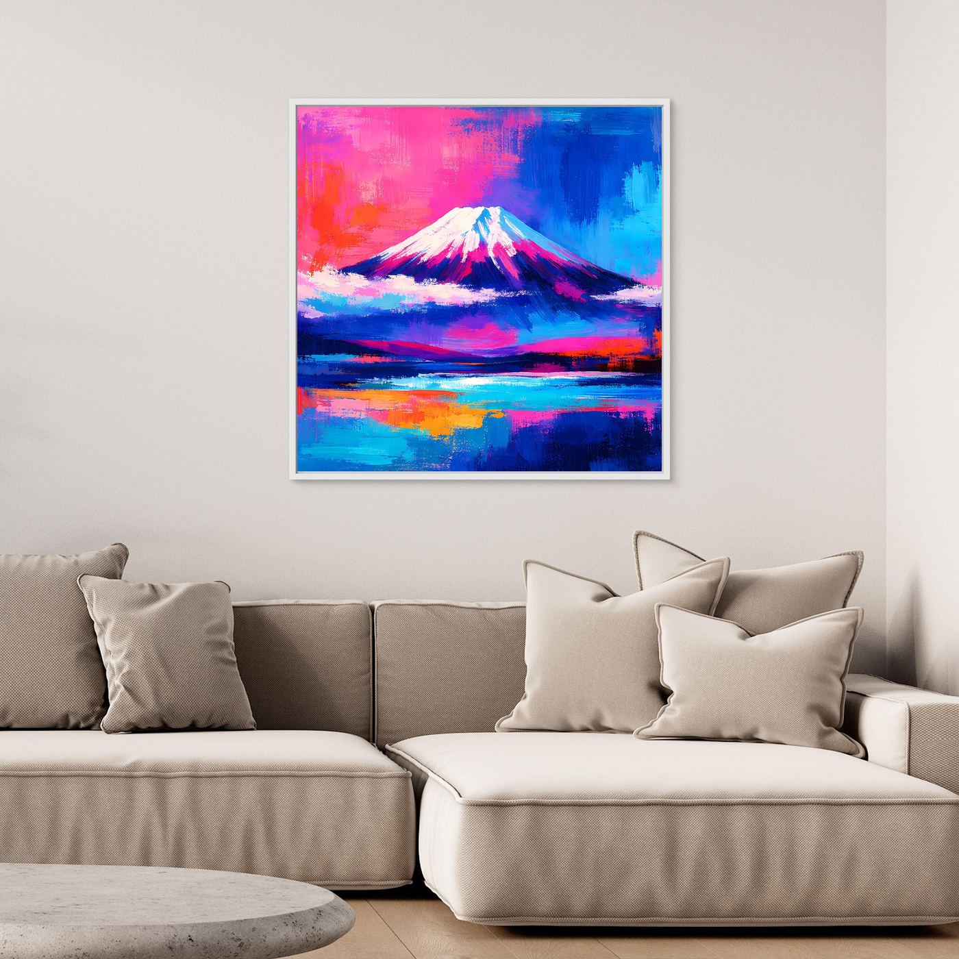 Leinwandbild Abstrakter Fuji bei Sonnenuntergang | Farbenfrohes Berg Wandbild auf echtem Holzkeilrahmen