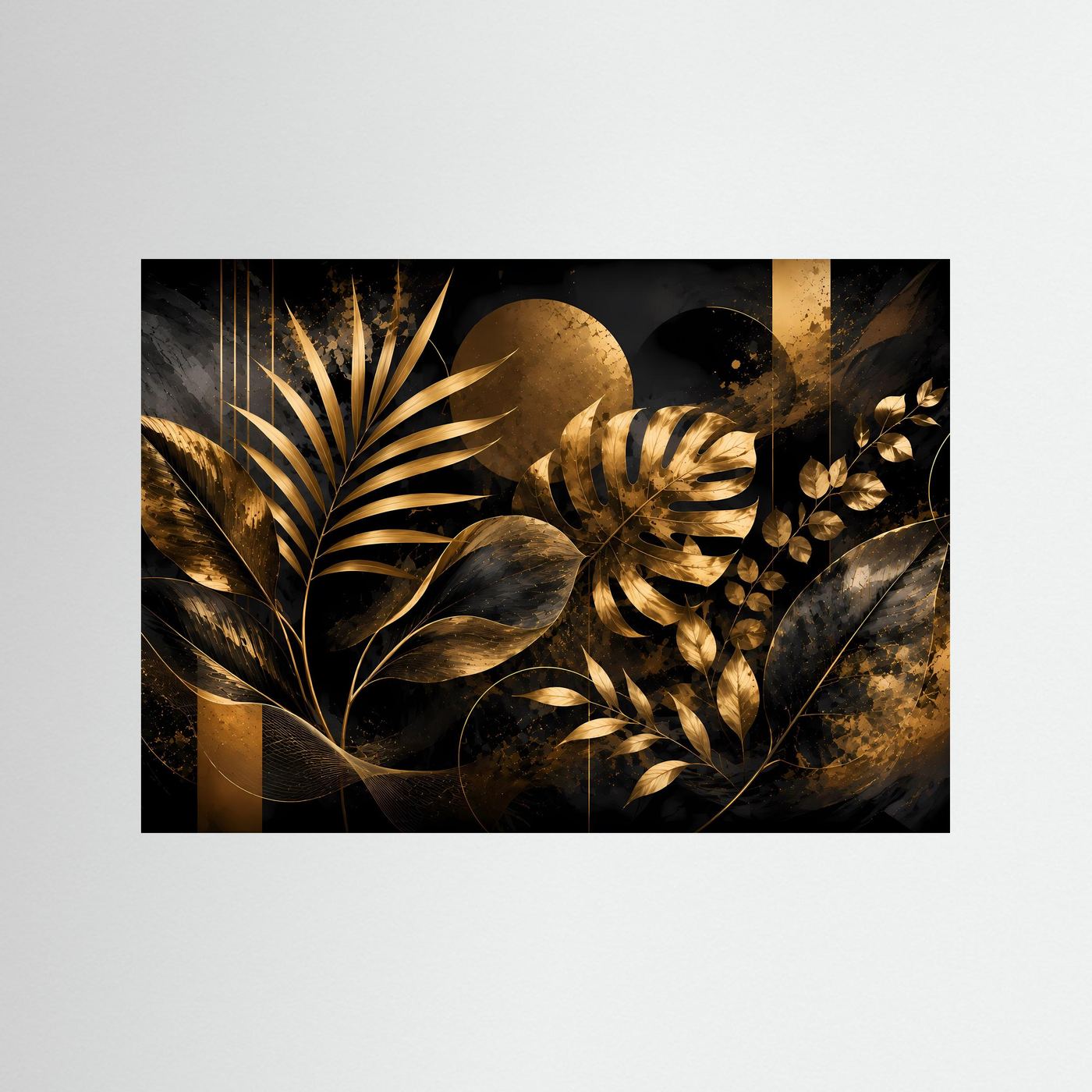 Querformat-Poster mit abstrakten Pflanzenblättern in Schwarz und Gold