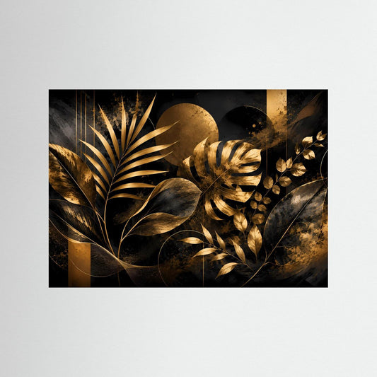 Querformat-Poster mit abstrakten Pflanzenblättern in Schwarz und Gold