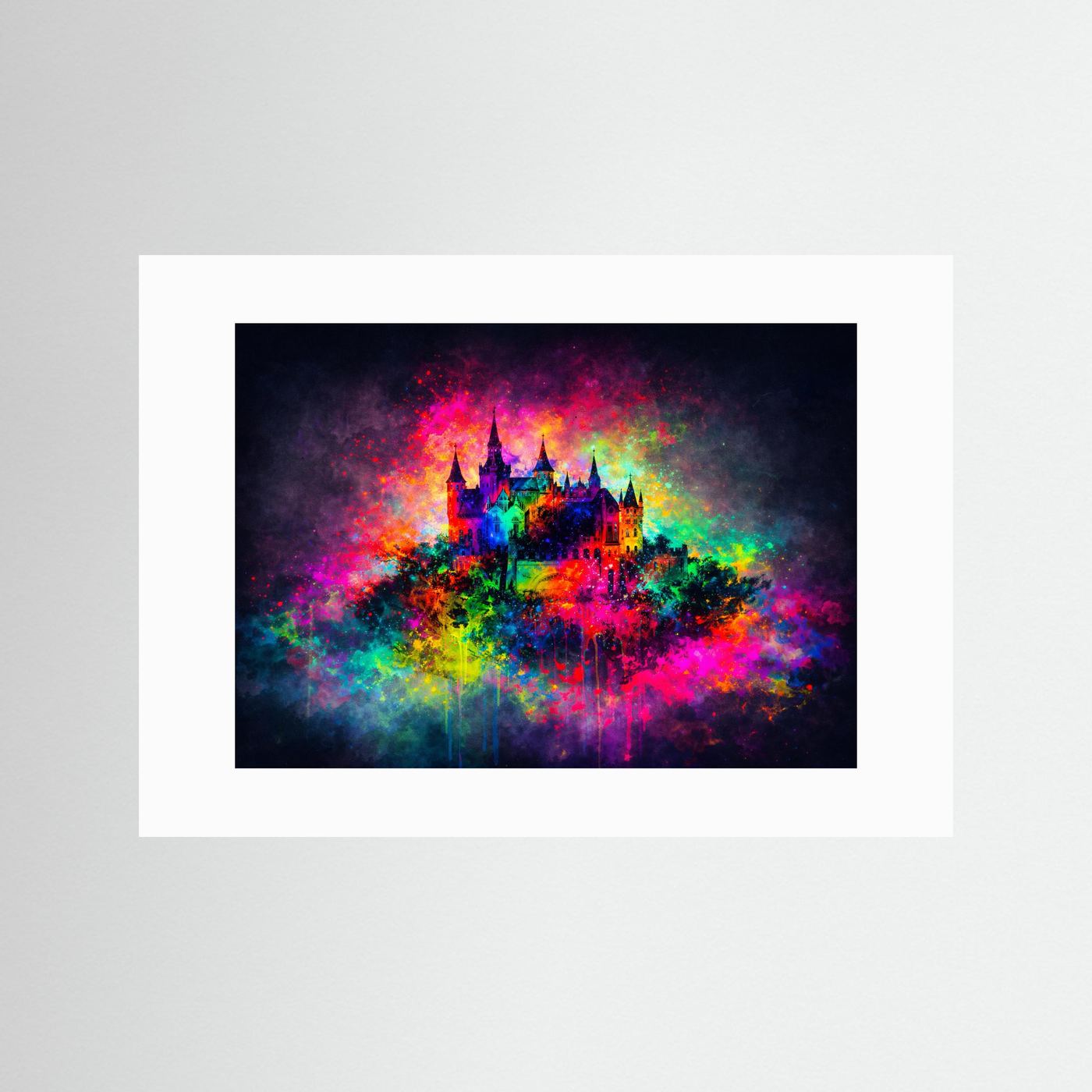 Buntes Märchenschloss im Farbexplosion-Stil | Abstrakte Kunst Poster Querformat