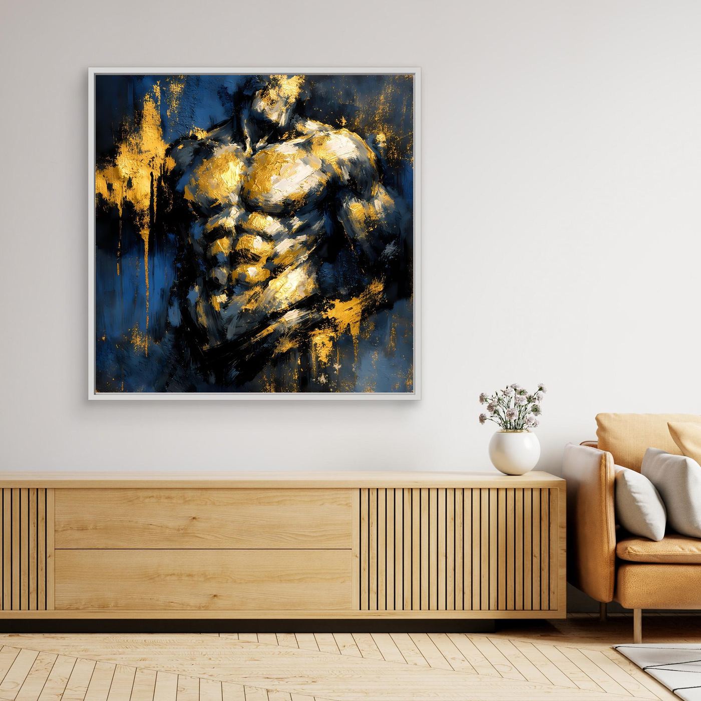 Leinwand Kraftvoller Männlicher Torso in Gold und Blau | Abstraktes Bodybuilding Wandbild