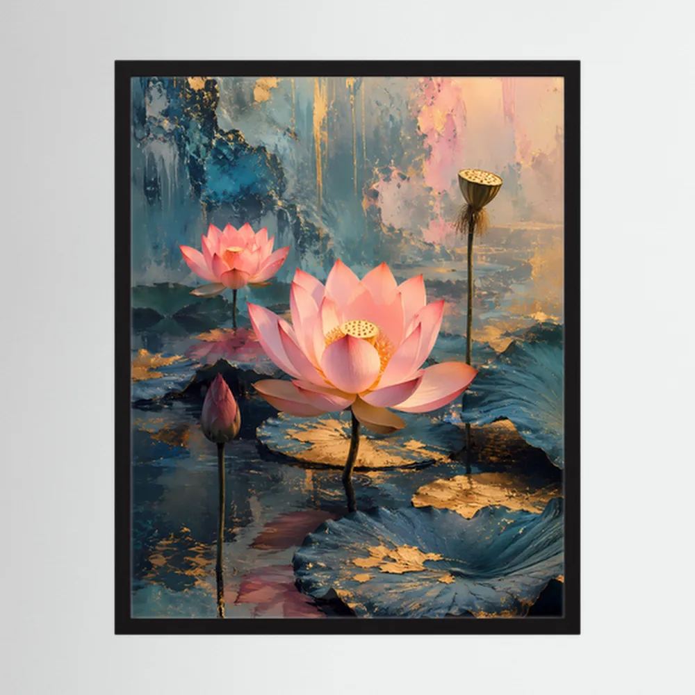 Poster mit Lotusblüten, abstrakte Wasserlandschaft, schwarzer Rahmen