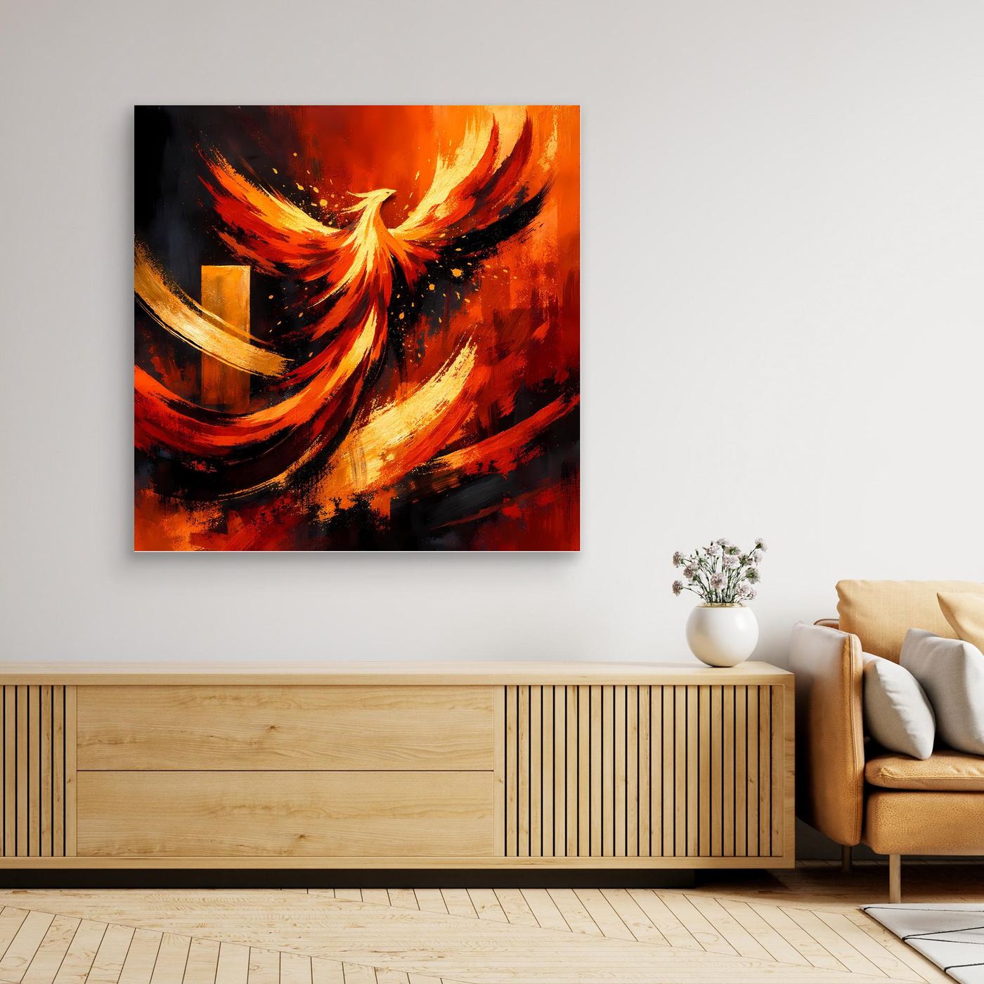 Leinwand-Wandbild mit Phönix aus Flammen, mit hellen Holzrahmen