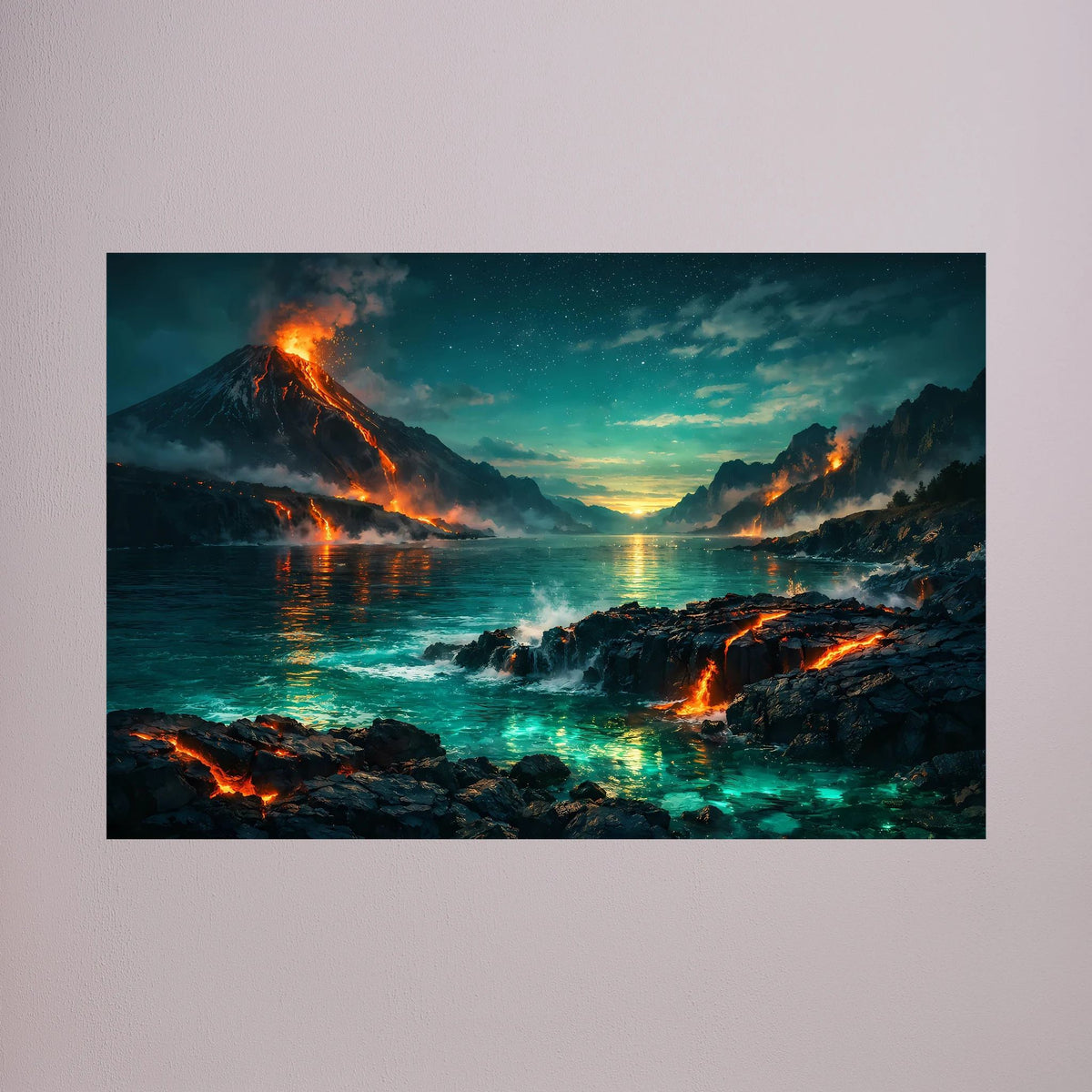 Querformatiges Wandbild-Poster mit Lava am Meer und Sonnenaufgang