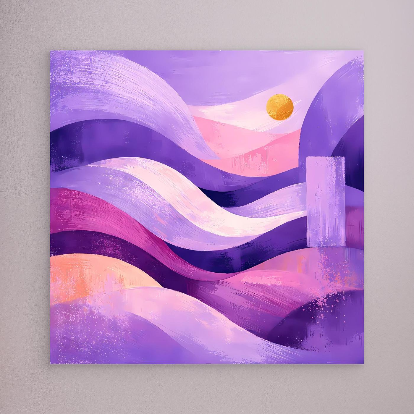 Leinwand-Wandbild mit abstrakten Dünenwellen in Lila und Pink, Gelbmond ohne sichtbaren Rahmen